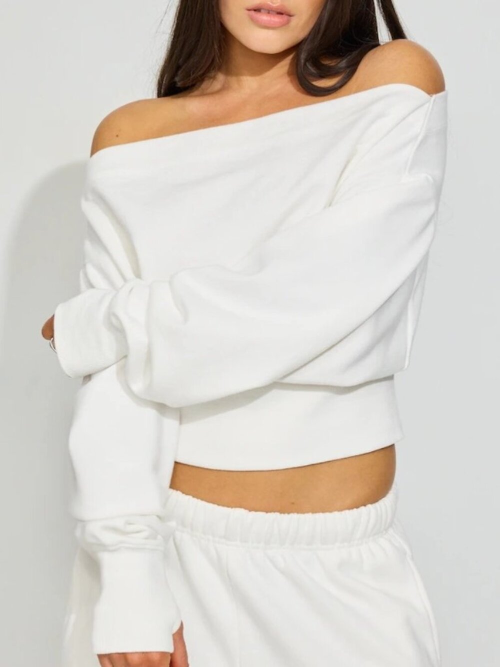 Garage White Off Shoulder Cropped Fleece Sweatshirt M